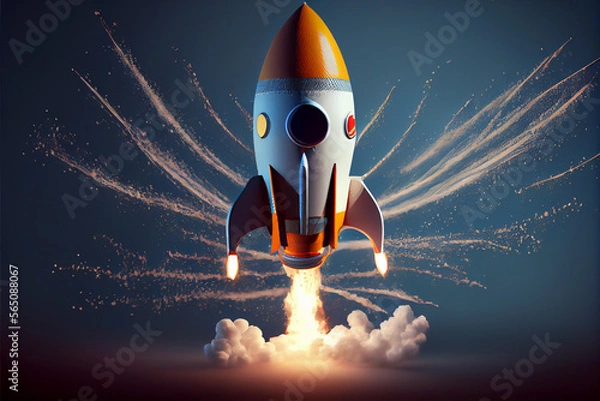 Fototapeta Rocket on a dark blue background. 3D. Generative ai