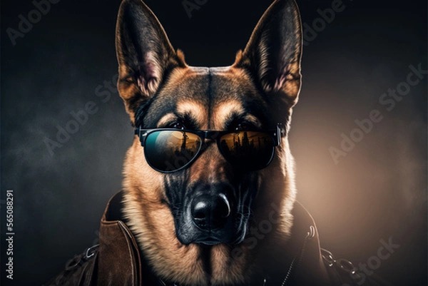 Fototapeta Portrait of a German Shepherd dog wearing a jacket and sunglasses. Generative ai