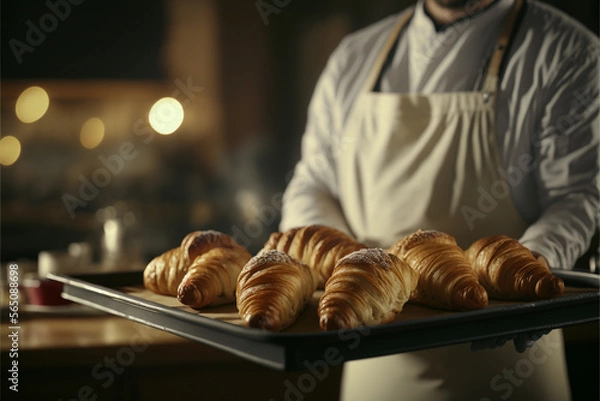 Fototapeta A close up of a chef holding a tray of freshly baked croissant. Generative ai
