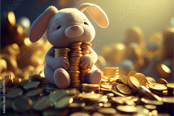 Fototapeta Cute bunny on a pile of coins. Generative ai