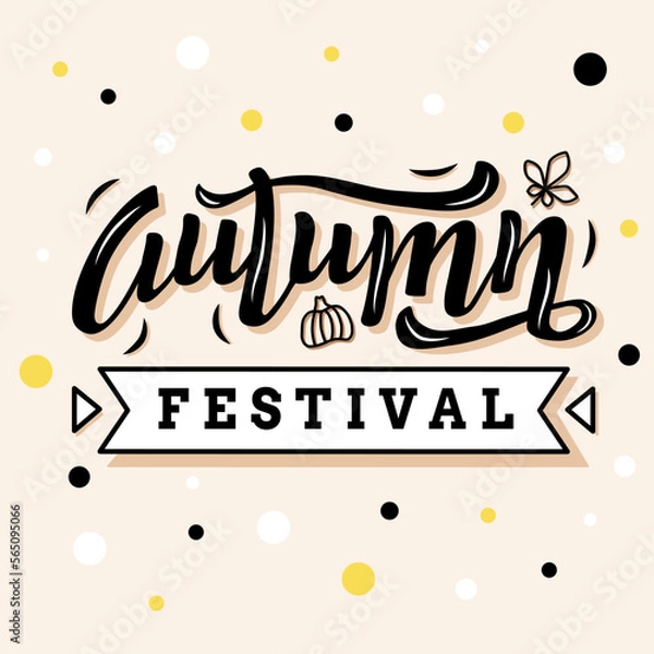 Fototapeta Handdrawn vector illustration with color lettering on textured background Autumn Festival with set of icons for poster, banner, template, decor, festival, picnic, invitation, advertising, design, card