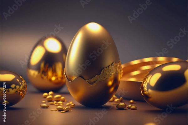 Fototapeta Gold and metallic easter eggs close-up. Generative ai