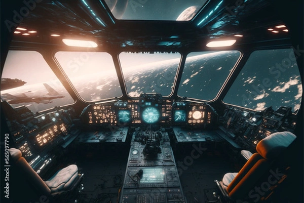 Obraz Inside the flight deck og a big space ship. Generative ai