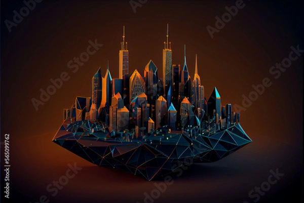 Fototapeta Smart city low poly wireframe on dark background. Generative ai	
