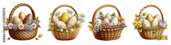 Fototapeta Easter basket with hand painted eggs multicolored and spring flowers on a transparent or white background