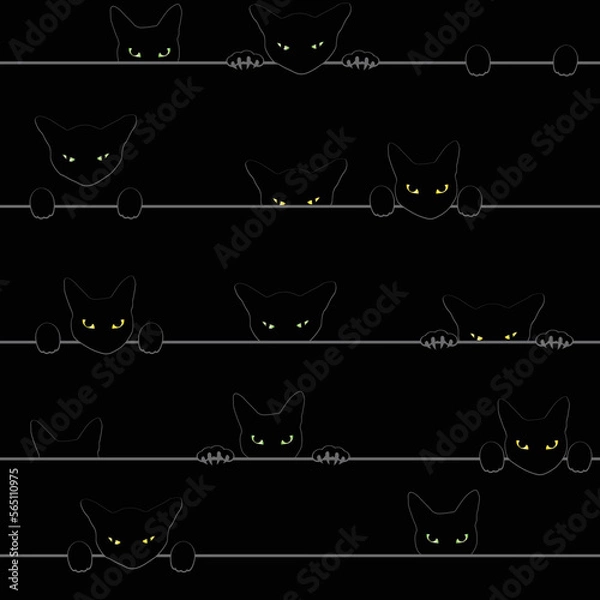 Obraz Many black cats look with shining eyes, seamless vector pattern