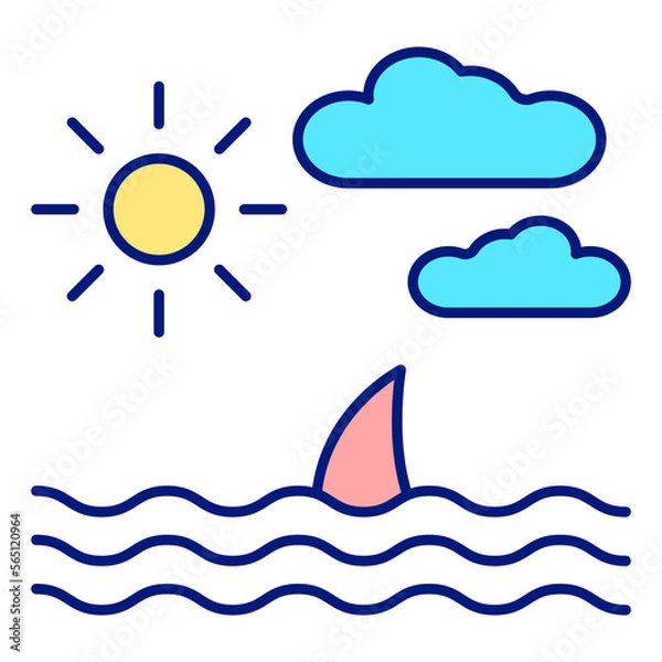 Fototapeta Sea, ocean landscape, shark fin peeking out of the water  - icon, illustration on white background, color style