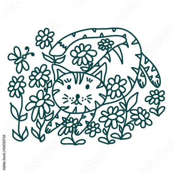 Obraz Hand drawn floral composition with cute cat. Doodle cat and flowers. Vector art. Botanical element for decoration.