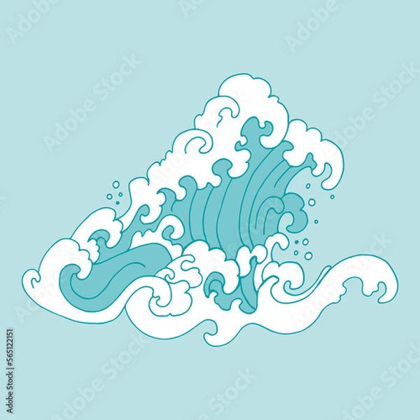 Fototapeta Sea waves doodle style, isolated on light blue background. Ocean cartoon colorful waves and foam.