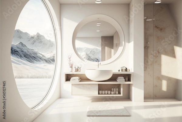 Fototapeta white minimalist modern luxury bathroom in Alps with sink and round windows and Italian faucet, generated by IA