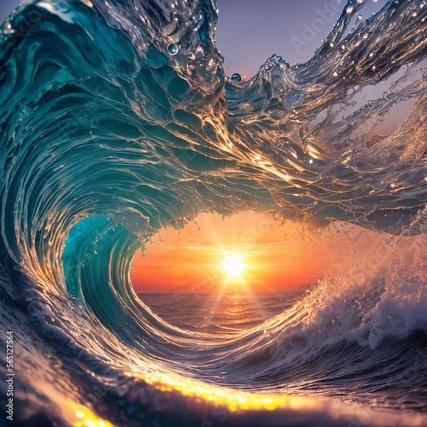 Fototapeta Beautiful sunset wave vibrant translucent color nice clear water splashes with foam and drops