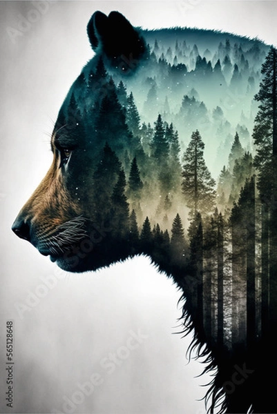 Obraz Watercolor painting of a deep forest inside the silhouette of a bear. Generative AI.