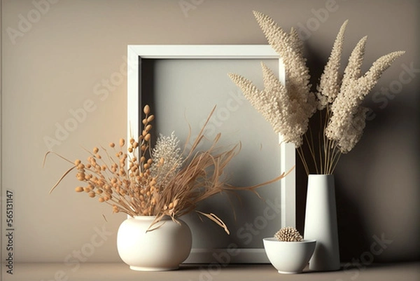 Fototapeta Generative Ai of a bohemian mockup with picture frame, vase and flowers