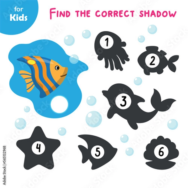 Fototapeta Mini game for children. find the correct shadow for the fish. learning fun