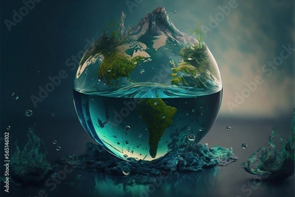 Fototapeta Planet Earth Model in Water. Concept for World Water Day. Generative AI.