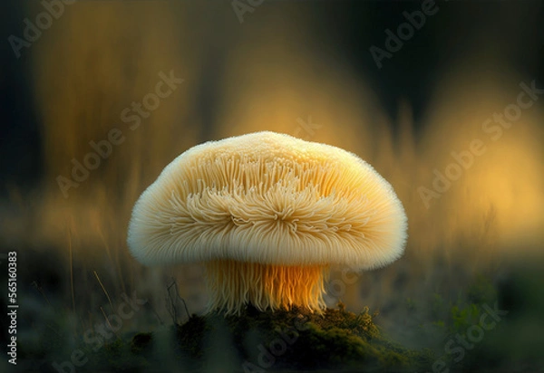 Obraz The rare Edible Lion's Mane Mushroom / Hericium Erinaceus / pruikzwam in the Forest. Beautifully radiant big giant mushroom. Generative ai