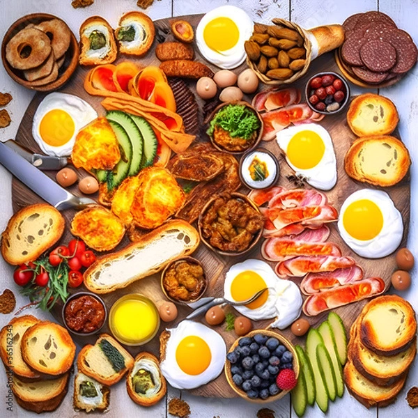 Obraz large table with different appetizers, view from the top, festive table, lots of food, generative ai