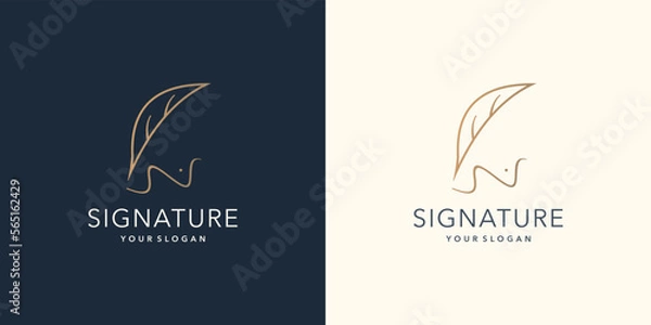Fototapeta Minimalist quill feather pen signature logo design. handwriting concept logo and design golden color
