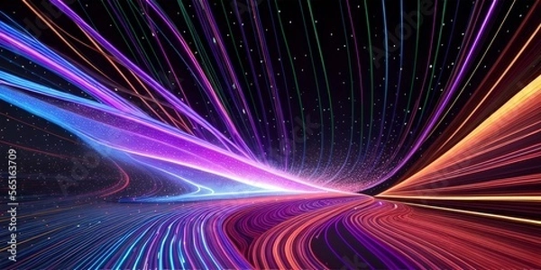 Fototapeta Abstract fiber optic lines with particles colliding, blue pink and orange CGI concept render, AI generated.