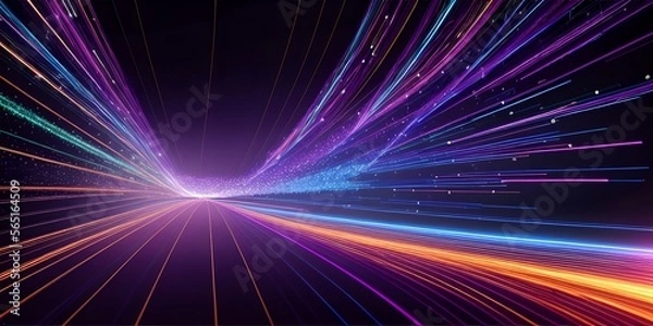 Fototapeta Abstrakcyjne linie światłowodowe z cząstkami zderzającymi się, niebieski różowy i pomarańczowy renderowanie CGI, generowane AI