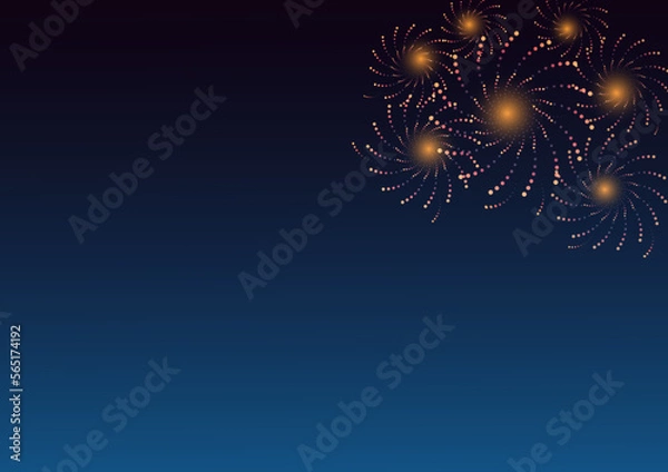 Fototapeta Orange fireworks with holiday celebration symbols on the right of the blue and black color background, empty space for display logo and content, creative design vector illustration.