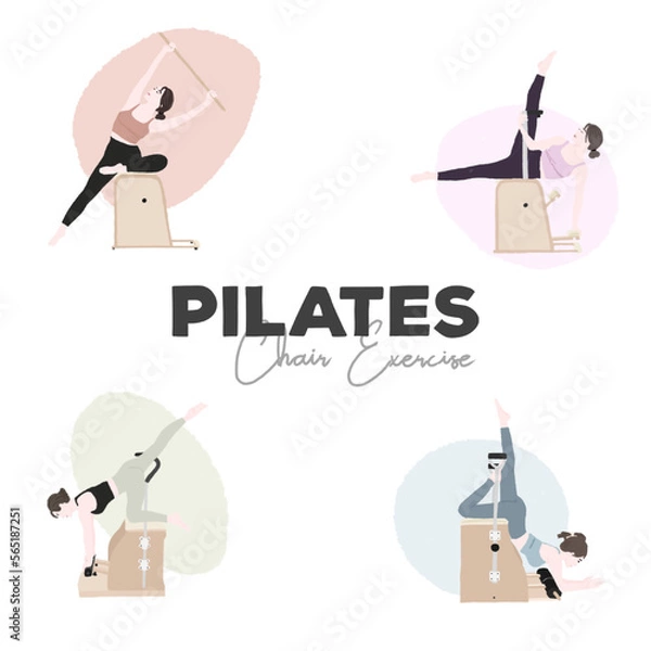 Fototapeta A set of pilates chair exercise pose - women doing pilates on the equipment