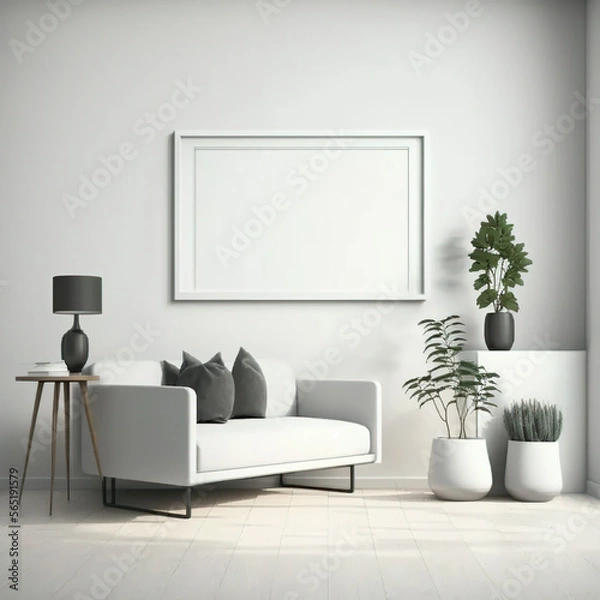 Fototapeta One Horizontal Blank Picture Frame Mockup on White Wall, White Living Room - Generative AI 
