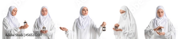 Fototapeta Collage of Muslim woman with Arabic lantern on white background