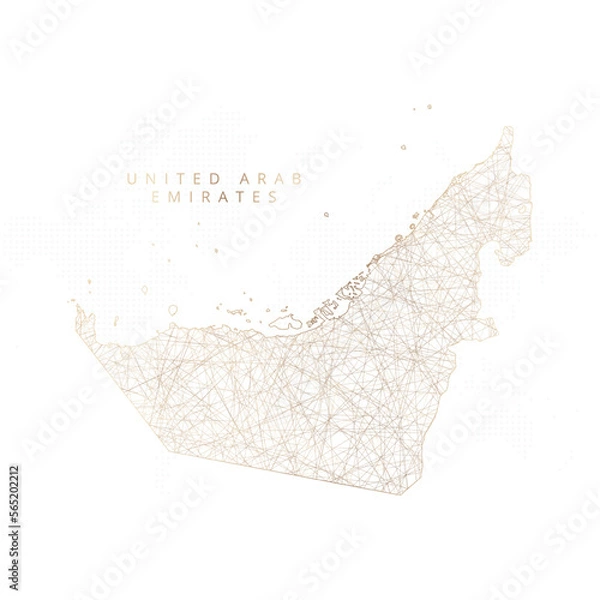 Fototapeta Low poly map of United Arab Emirates. Gold polygonal wireframe. Glittering vector with gold particles on white background. Vector illustration eps 10.