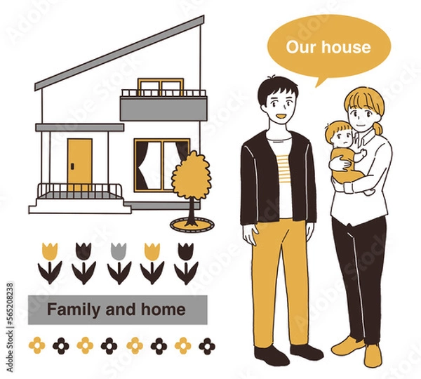 Obraz 片流れの家に住む家族のイラスト