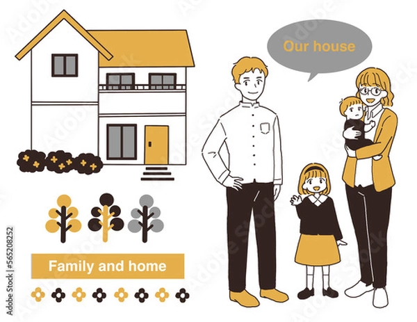 Obraz 黄色い屋根の家に住む家族のイラスト