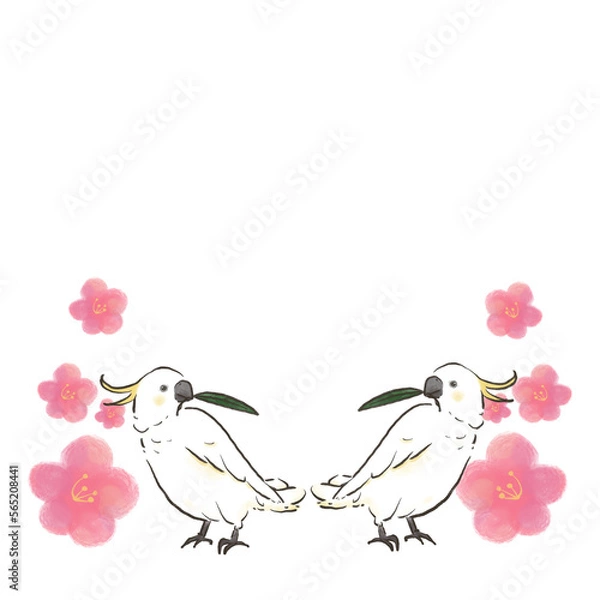 Obraz 葉っぱを咥えるキバタンと梅の花