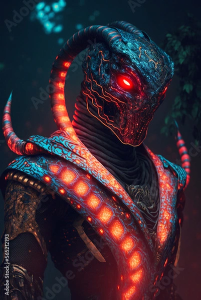 Fototapeta Alien Warrior Illustration with Neon Glow Bioluminescent Light and Intricate Armor Background. Generative Ai