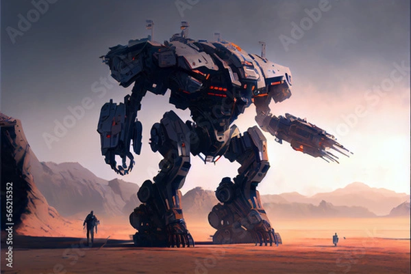 Fototapeta Futuristic huge robot combat machine. Digital art style, generative AI illustration