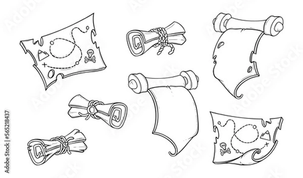 Fototapeta Ancient scrolls and tresure maps. Torn paper scrolls for games. Vector illustration isolated in white background