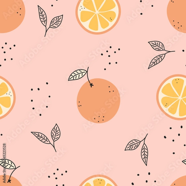 Fototapeta Modern seamless fruit pattern. Creative vector background with bright and juicy oranges. Exotic abstract fruits. Slices of fresh orange. Summer design for packaging, fabric, clothing.