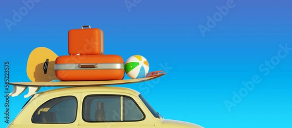 Obraz Retro small car with a surfboard and travel suitcases in front of a blue sky background, tourism or vacation concept, 3d rendering