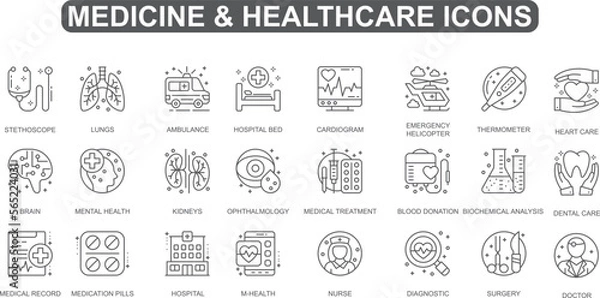 Fototapeta Medicine  and Healthcare Vector, simple set vector thin line medical and science icons