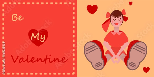 Obraz Valentine vector greeting card with cute smiling girl and hearts