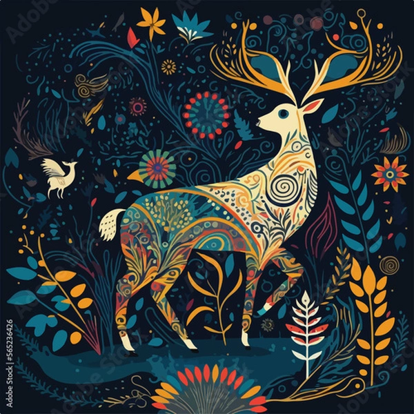 Fototapeta scandinavian folk pattern deer