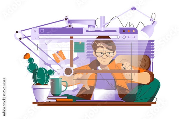 Fototapeta Man working on website or app, ui ux design