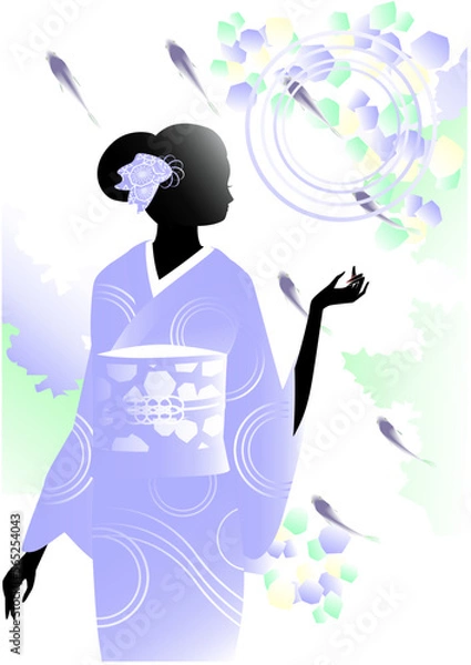 Fototapeta 着物を着た女性のシルエットと渓流を泳ぐ魚