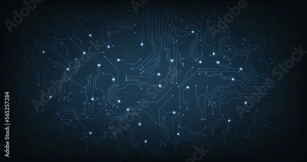 Obraz Futuristic circuit board computer technology background. Drawing a modern electronic circuit on dark blue background. Hi-tech digital technology concept.