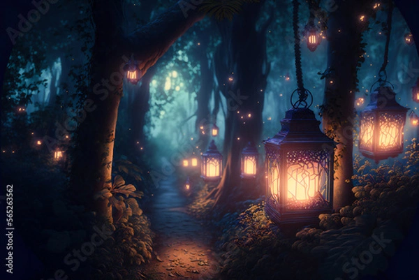 Fototapeta 3d ramadan moon and lantern Fairy forest at night, fantasy glowing flowers and lights