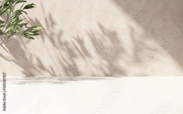Obraz Minimal empty white marble stone counter table top, green tree in sunlight, leaf shadow on beige brown stucco cement wall for luxury organic cosmetic, skincare, beauty treatment product background 3D