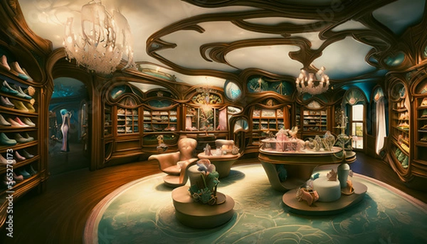 Fototapeta The painting depicts the interior of a magical fairy shoe store, adorned with decorative details and embellishments creating a whimsical and fantastical atmosphere. Generative AI