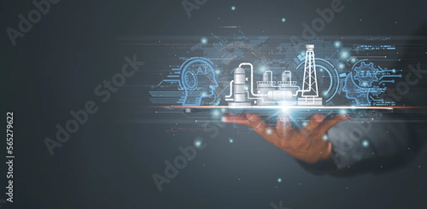 Fototapeta Ai smart Manufacturing and Hitech to communicate with humans for Upskill Reskill. Ai connection automation to global cyber network concept. new technology in future can support all business 4.0, IIoT