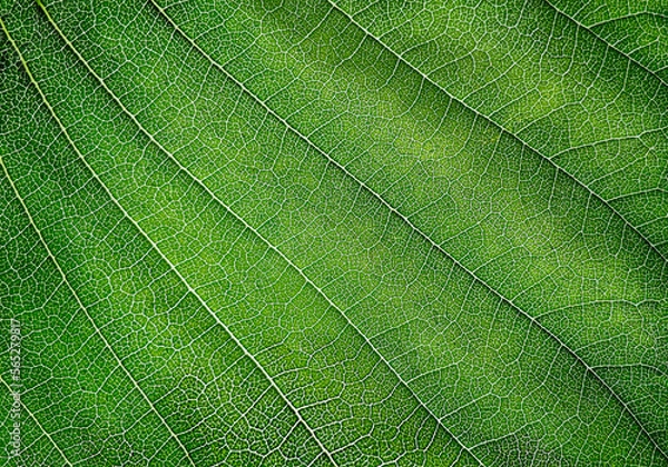 Fototapeta The green leaf of the plant. The texture of a part of a green leaf. close-up. Symmetrical pattern. Macro background. Natural background. View from above. Copy space