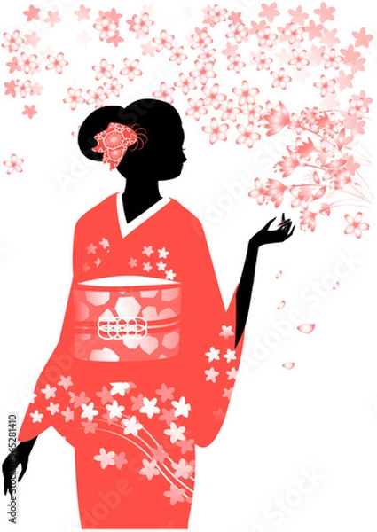 Fototapeta 着物を着た女性のシルエットと桜の花