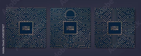 Fototapeta Vector set of luxury cover templates, square line art deco patterns. Fancy design elements planet and moon phases ornament. Use for wallpaper, cards, posters, fortune telling, tarot.